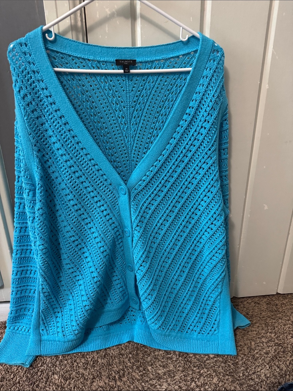 Talbots Open-Knit V-Neck Button Cardigan - Turquoise Blue